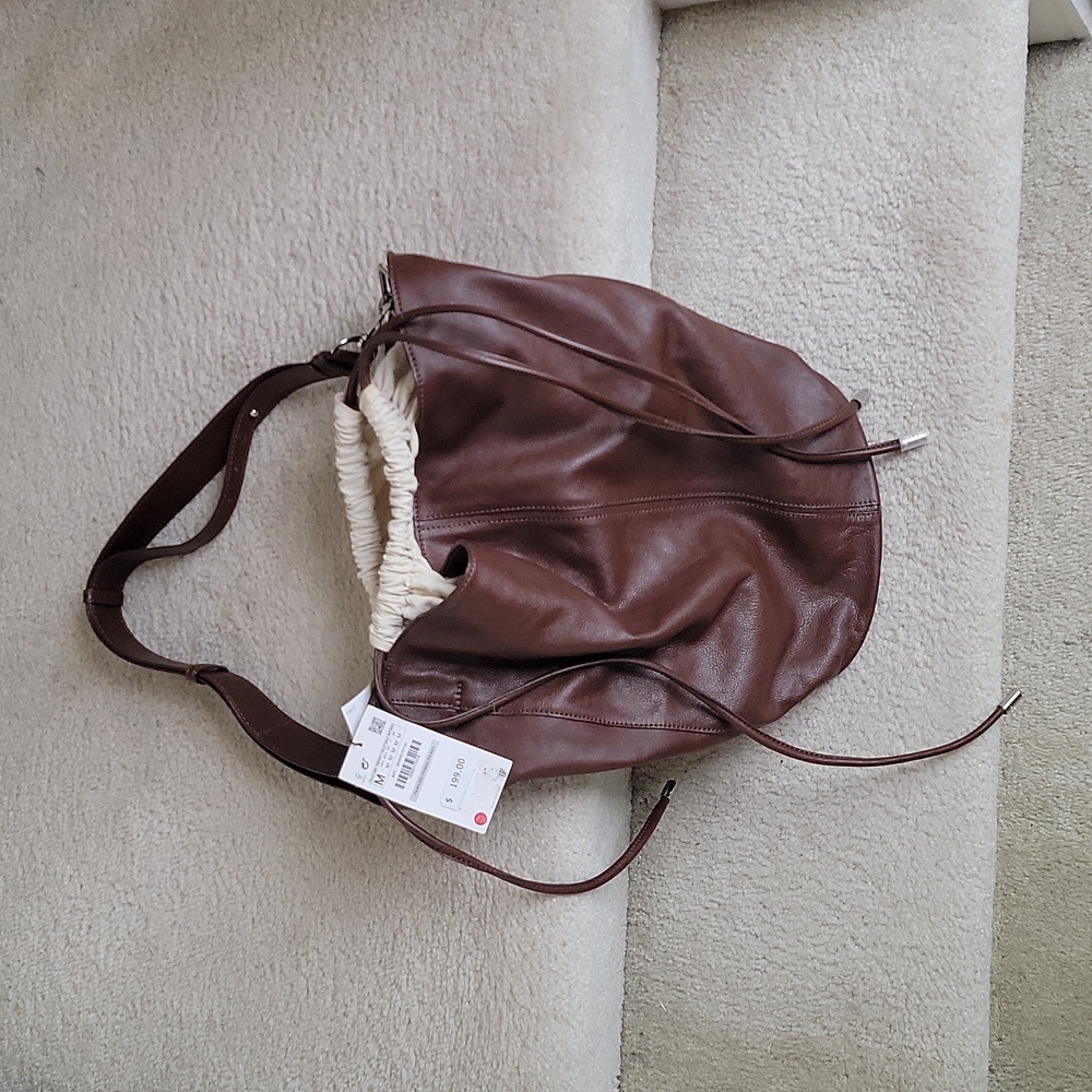 NWT ZARA leather large maxi bucket bag brown satchel hobo smooth leather